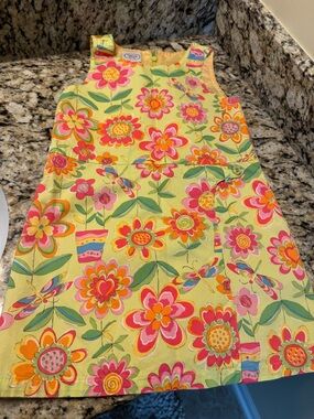 Talbots Yellow Floral Cotton Dress with Pink & Orange Flowers lined and stunning